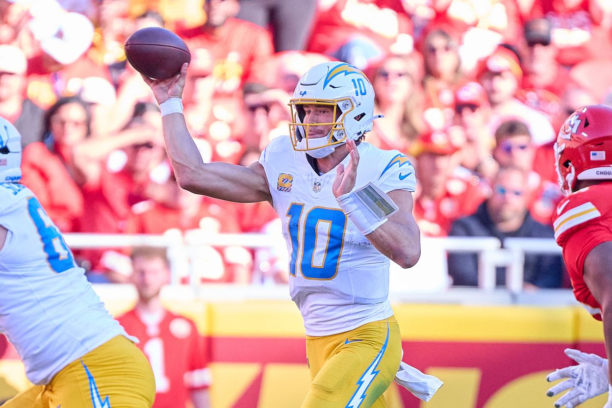 Justin Herbert #10 of the Los Angeles Chargers throws the football during an NFL football game against the Kansas City Chiefs, Sunday October 18, 2026 in Kansas City, Missouri. Justin Herbert #10 of the Los Angeles Chargers throws the football during an NFL football game against the Kansas City Chiefs, Sunday October 18, 2026 in Kansas City, Missouri.