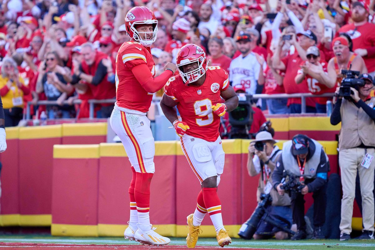 Kenneth Walker III #9 of the Kansas City Chiefs celebrates with Patrick Mahomes #15 of the Kansas City Chiefs after scoring a touchdown during an NFL football game against the Los Angeles Chargers, Sunday October 18, 2026 in Kansas City, Missouri. Kenneth Walker III #9 of the Kansas City Chiefs celebrates with Patrick Mahomes #15 of the Kansas City Chiefs after scoring a touchdown during an NFL football game against the Los Angeles Chargers, Sunday October 18, 2026 in Kansas City, Missouri.