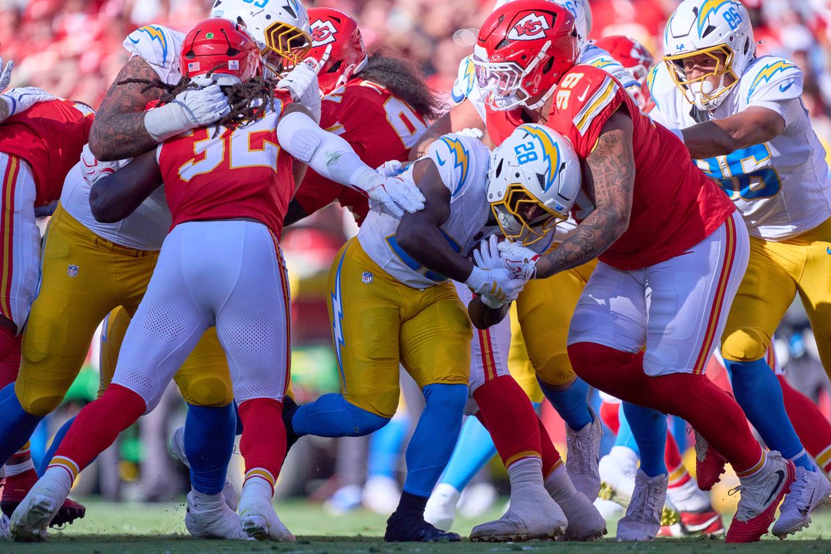 Kimani Vidal #28 of the Los Angeles Chargers runs with the football during an NFL football game against the Kansas City Chiefs, Sunday October 18, 2026 in Kansas City, Missouri. Kimani Vidal #28 of the Los Angeles Chargers runs with the football during an NFL football game against the Kansas City Chiefs, Sunday October 18, 2026 in Kansas City, Missouri.