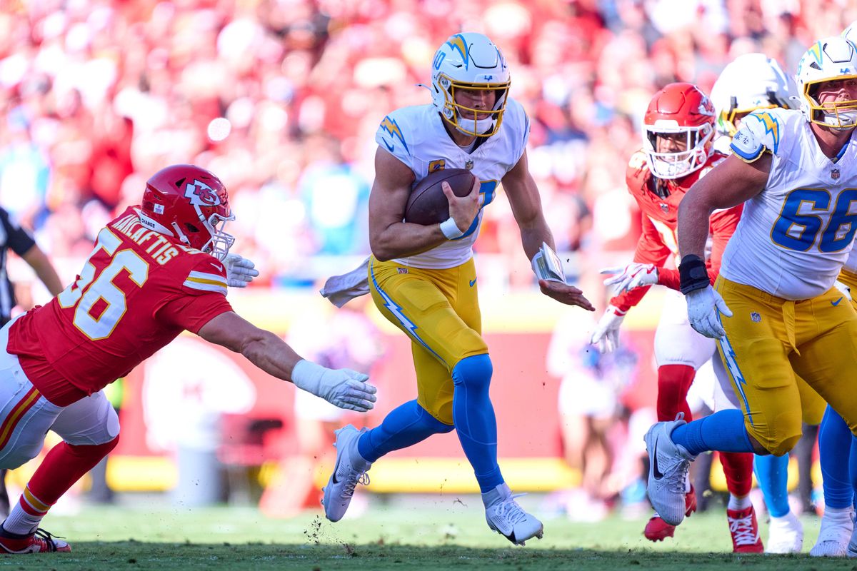 Justin Herbert #10 of the Los Angeles Chargers runs with the football during an NFL football game against the Kansas City Chiefs, Sunday October 18, 2026 in Kansas City, Missouri. Justin Herbert #10 of the Los Angeles Chargers runs with the football during an NFL football game against the Kansas City Chiefs, Sunday October 18, 2026 in Kansas City, Missouri.