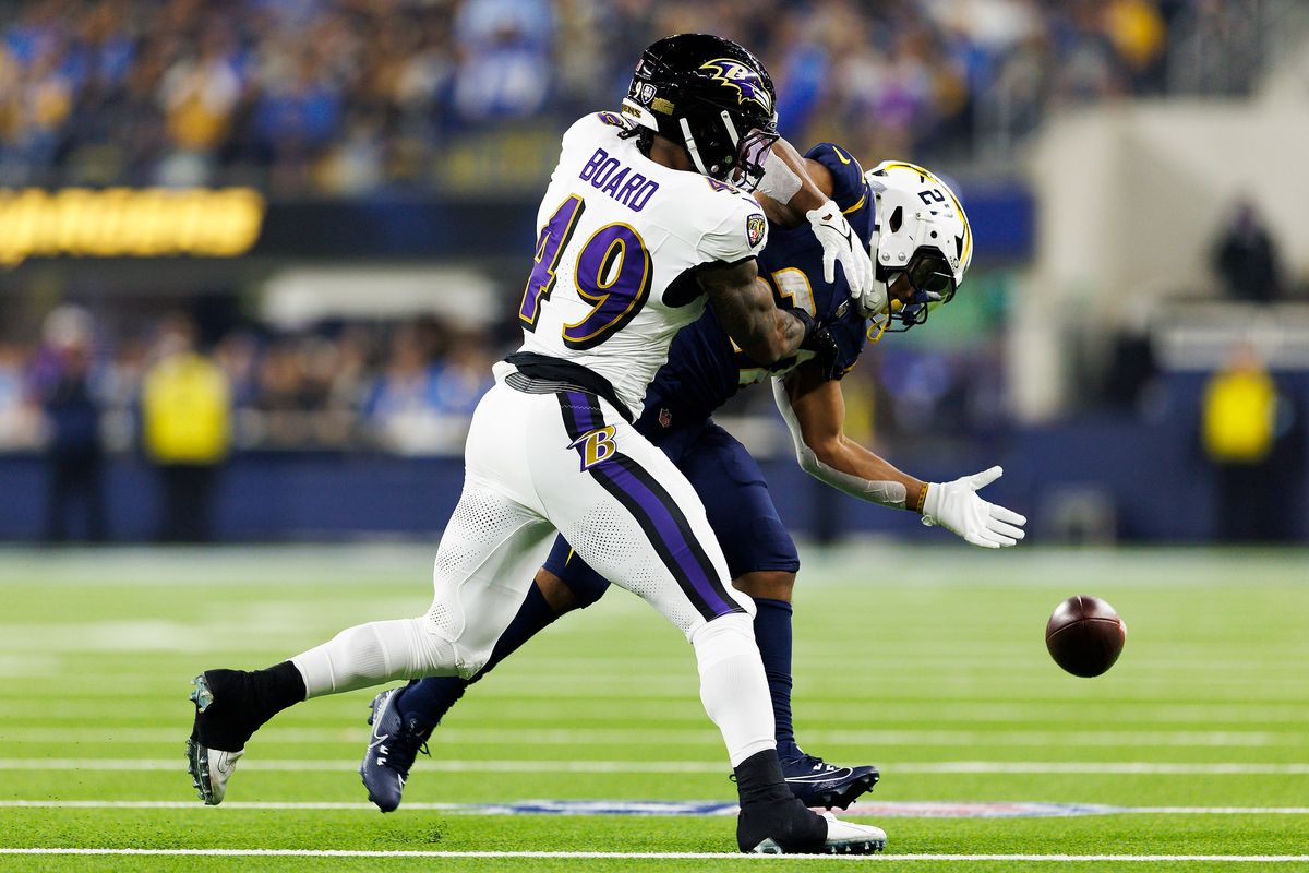 Chris Board #49 of the Baltimore Ravens breaks up a pass during the first half against the Los Angeles Chargers at SoFi Stadium on November 25, 2024 in Inglewood, California.