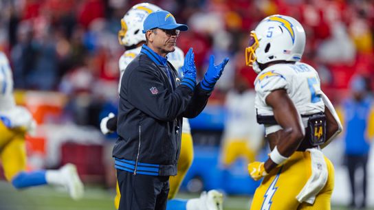 Los Angeles Chargers Justin Herbert (10) throws during warm-ups before a game against the Kansas City Chiefs, Dec. 8, 2024 in Kansas City, MO. 