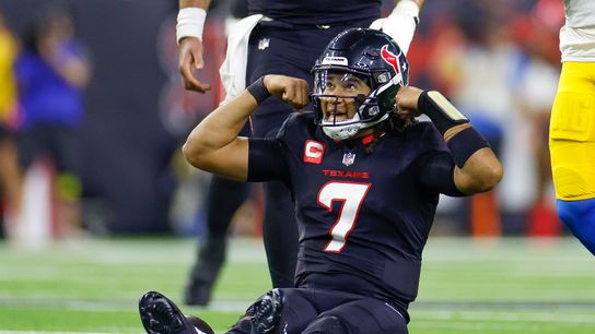 C.J. Stroud #7 of the Houston Texans celebrates in the second half during the AFC Wild Card Playoff game against the Los Angeles Chargers at NRG Stadium on January 11, 2025 in Houston, Texas.