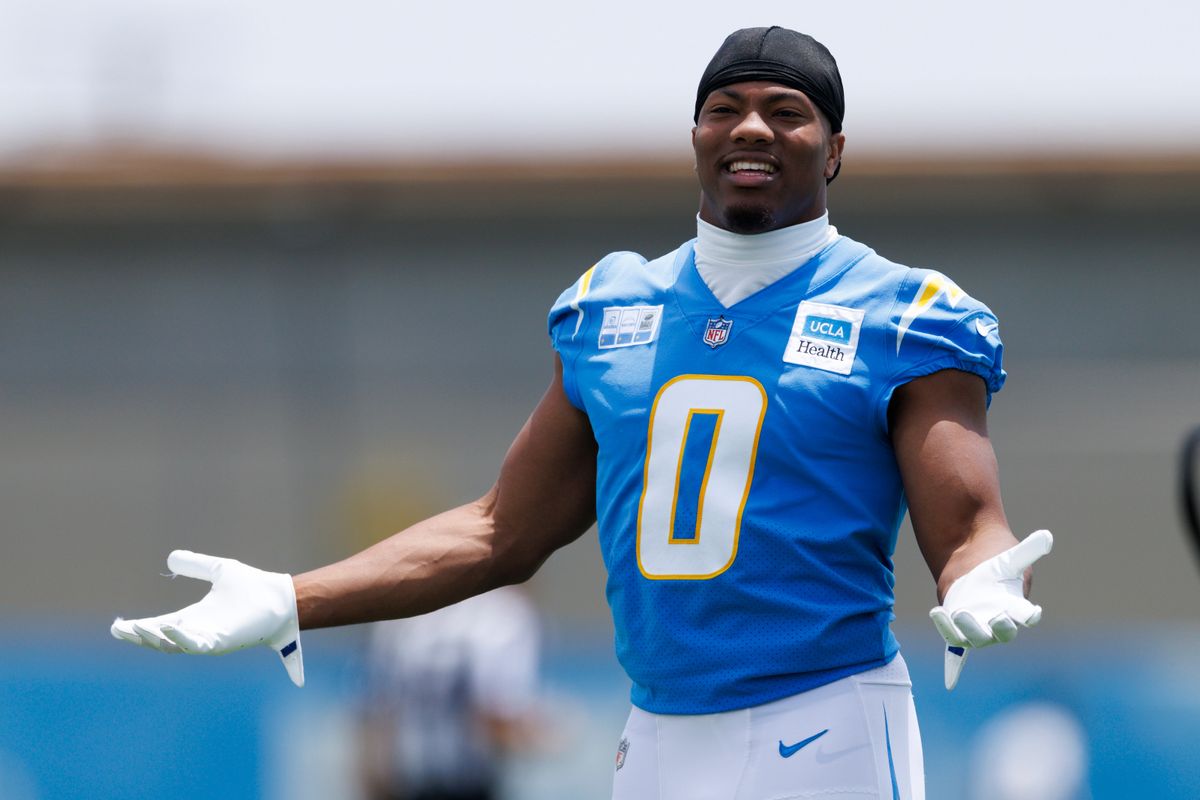 Daiyan Henley #0 of the Los Angeles Chargers reacts during mandatory minicamp at The Bolt on June 12, 2025 in El Segundo, California.