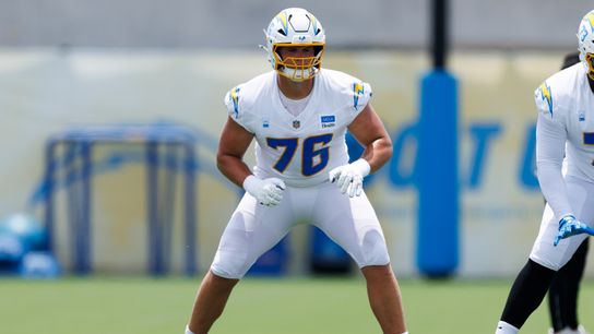 Joe Alt #76 of the Los Angeles Chargers blocks during mandatory minicamp at The Bolt on June 12, 2025 in El Segundo, California. 