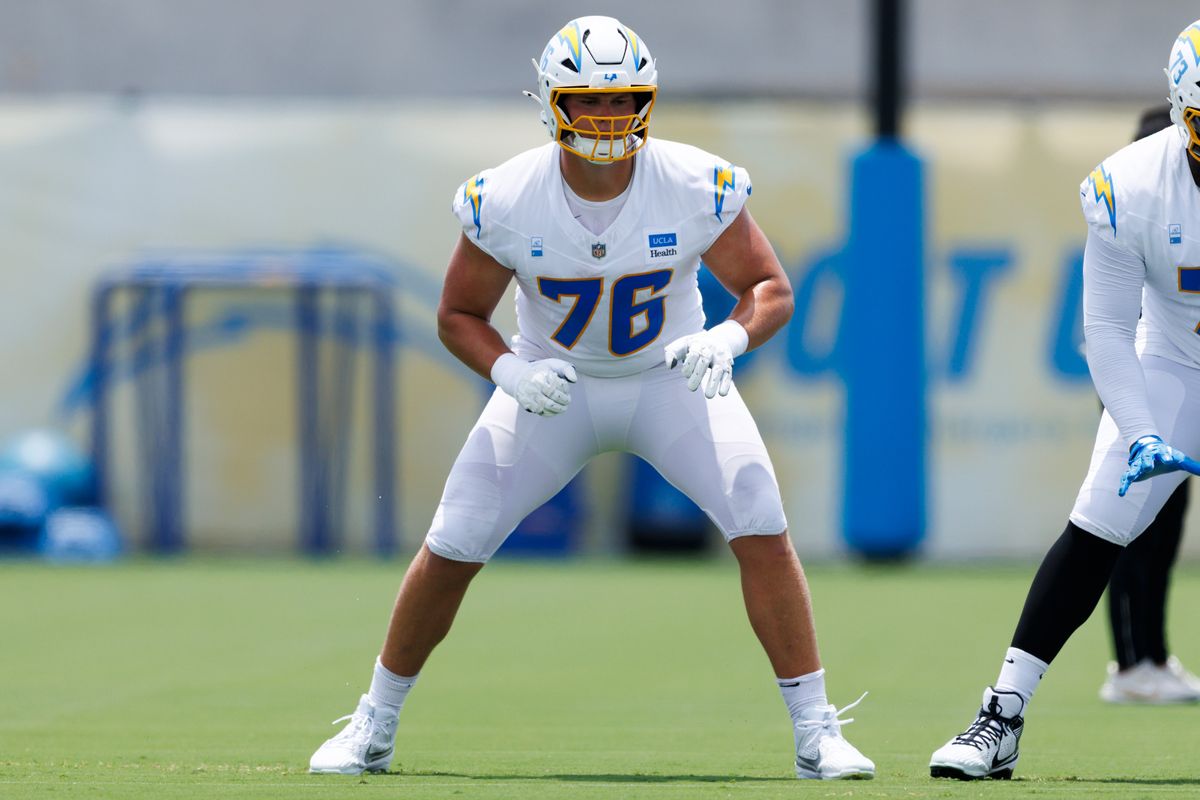 Joe Alt #76 of the Los Angeles Chargers blocks during mandatory minicamp at The Bolt on June 12, 2025 in El Segundo, California. 
