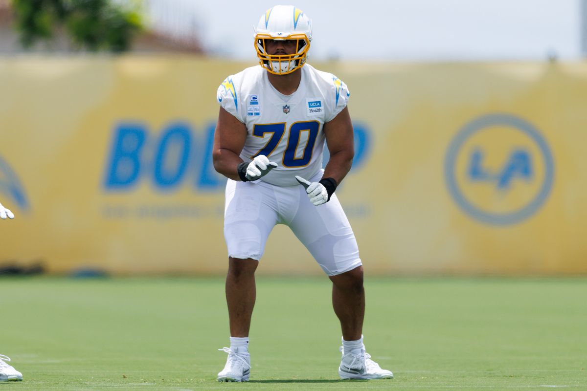 Rashawn Slater #70 of the Los Angeles Chargers blocks during mandatory minicamp at The Bolt on June 12, 2025 in El Segundo, California. 