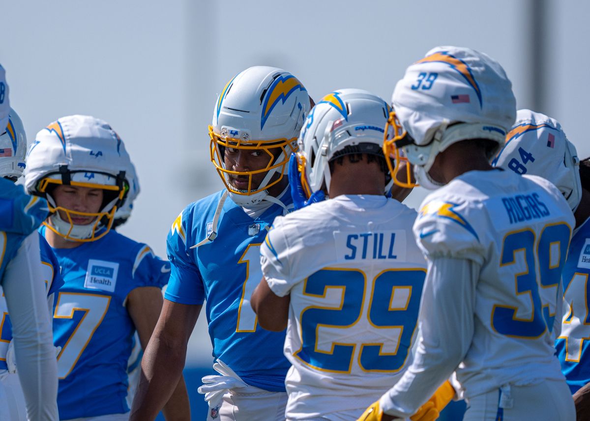 Los Angeles Chargers' wide receiver, Quentin Johnston 1, meets with receivers and defensive backs during training camp July 17, 2025 at The Bolt training facility in El Segundo, CA.