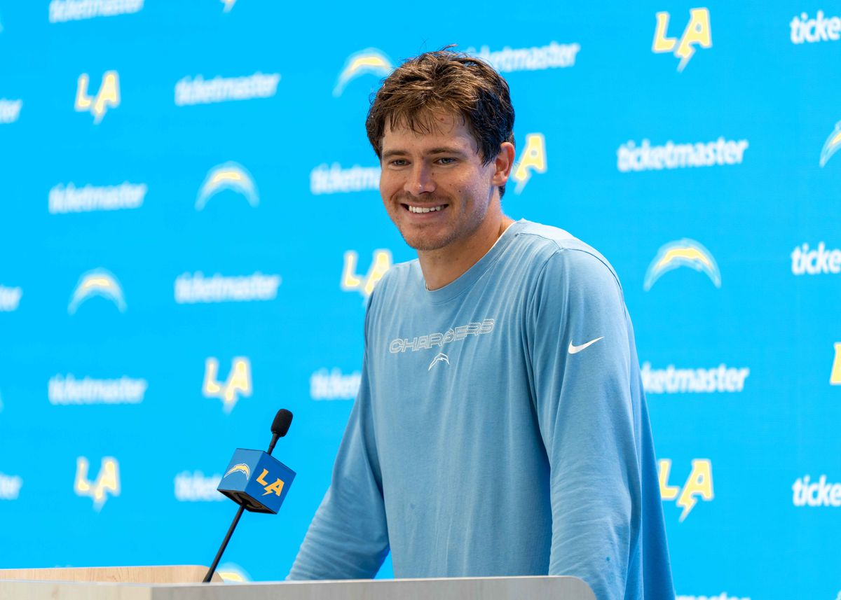 Los Angeles Chargers' quarterback, Justin Herbert 10, addresses the media regarding Jim Harbaugh after training camp July 17, 2025 at The Bolt training facility in El Segundo, CA.