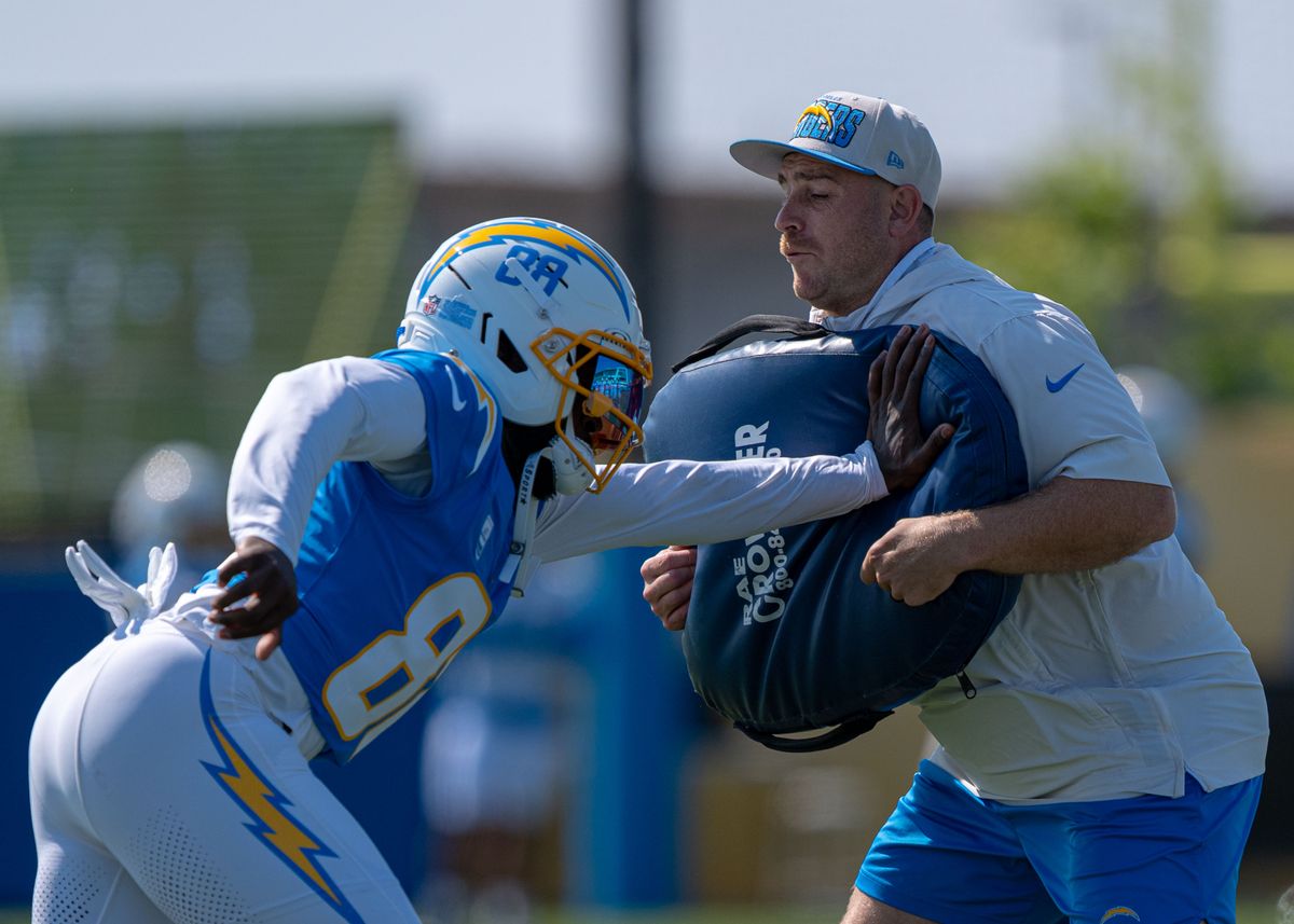 Los Angeles Chargers' wide receiver, Jalen Raegor 88, practices press technique during training camp July 17, 2025 at The Bolt training facility in El Segundo, CA.