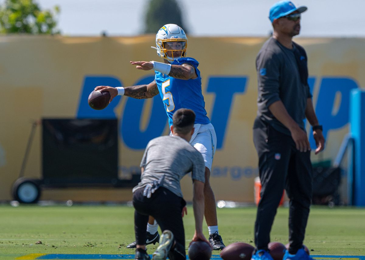 Los Angeles Chargers' quarterback, Trey Lance 5, practices taking snaps and passes to wide receivers and tight ends during training camp July 17, 2025 at The Bolt training facility in El Segundo, CA.
