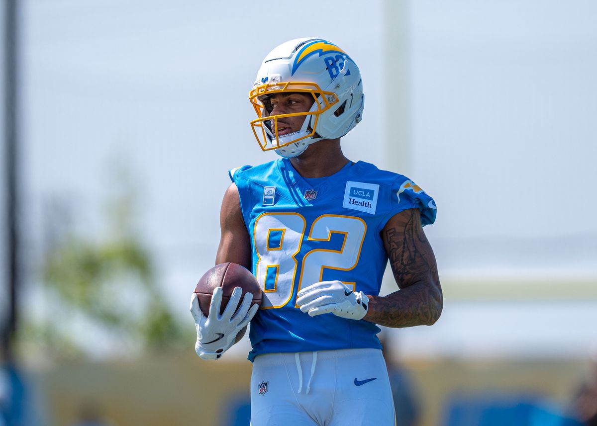 Los Angeles Chargers' wide receiver, Brenden Rice 82, finishes ball security practice during training camp July 17, 2025 at The Bolt training facility in El Segundo, CA.