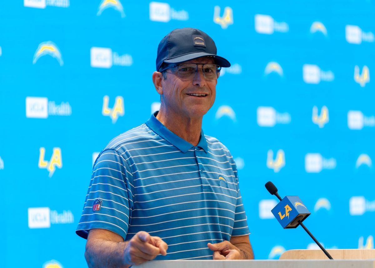 Los Angeles Chargers' head coach, Jim Harbaugh, addresses the media regarding how his time was spent during the off-season before training camp July 17, 2025 at The Bolt training facility in El Segundo, CA.