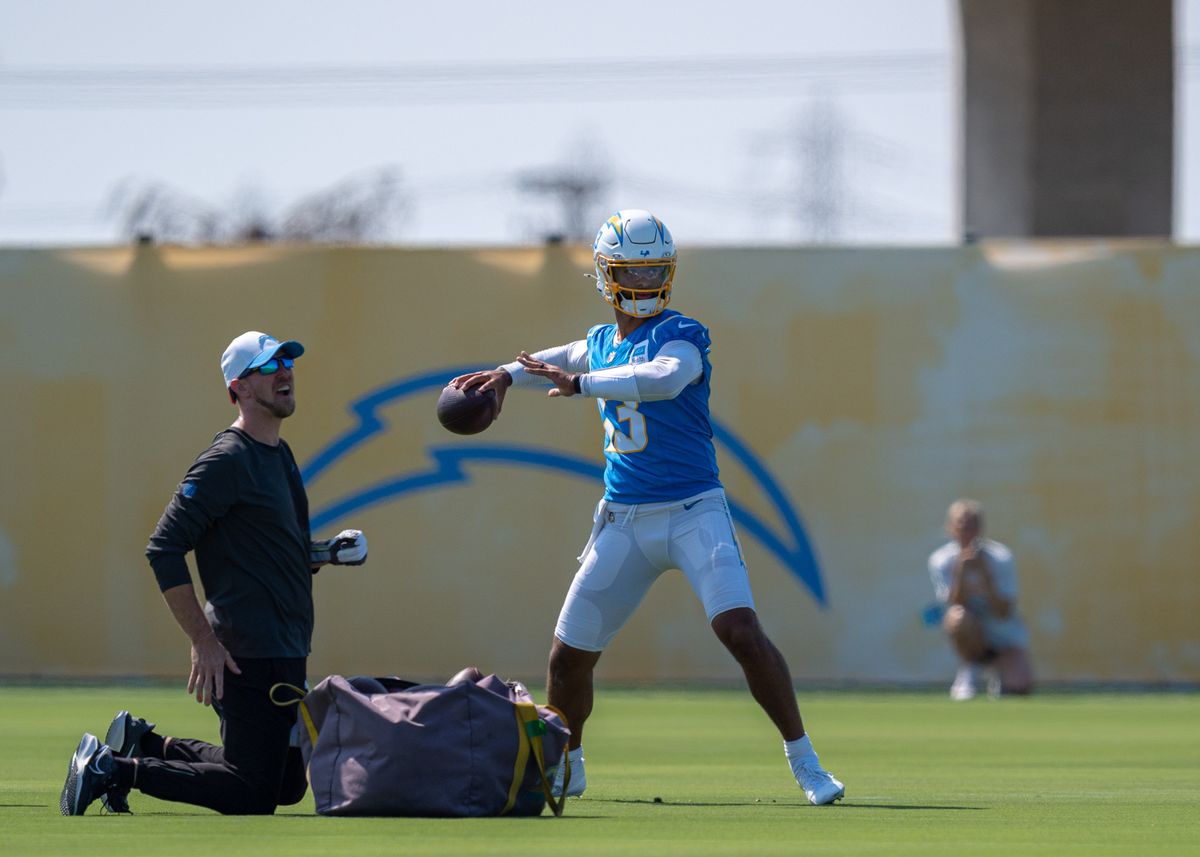 Los Angeles Chargers' quarterback, DJ Uiagalelei 13, practices passing 
