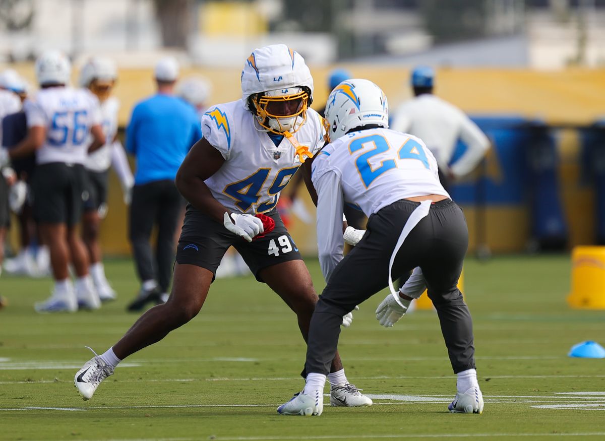 Los Angeles Chargers #49 CB Myles Purchase and #24 CB Benjamin St-Juste participate in individual drills during training camp on July 19, 2025 at the Bolt practice facility in El Segundo, CA. Los Angeles Chargers #49 CB Myles Purchase and #24 CB Benjamin St-Juste participate in individual drills during training camp on July 19, 2025 at the Bolt practice facility in El Segundo, CA.