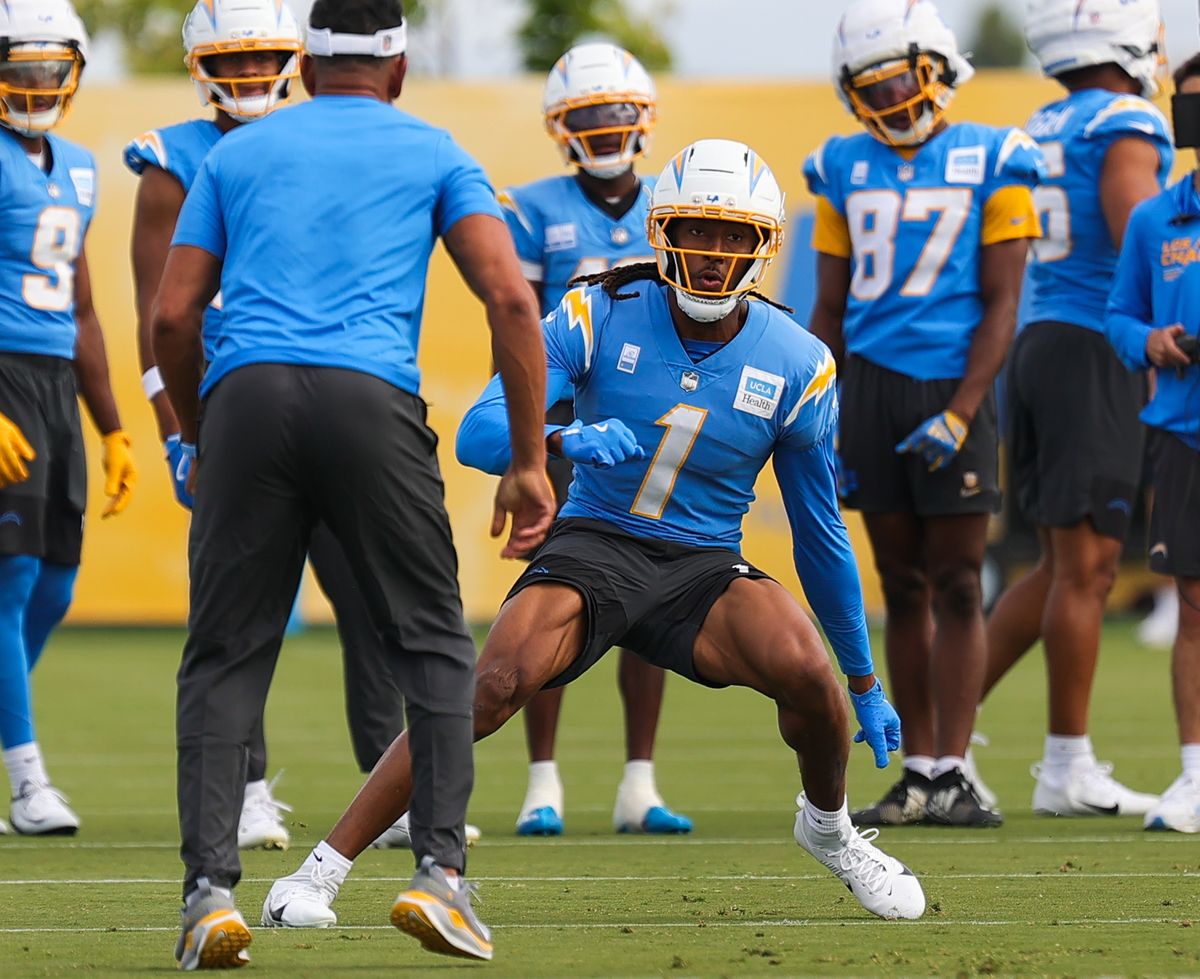 Los Angeles Chargers #1 WR Quentin Johnson participates in individual drills during training camp on July 19, 2025 at the Bolt practice facility in El Segundo, CA. Los Angeles Chargers #1 WR Quentin Johnson participates in individual drills during training camp on July 19, 2025 at the Bolt practice facility in El Segundo, CA.