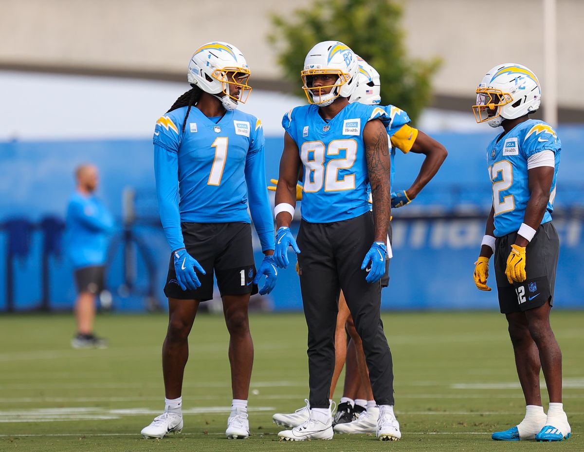 Los Angeles Chargers #1 WR Quentin Johnson and #82 WR Brenden Rice prepare to participate in individual drills during training camp on July 19, 2025 at the Bolt practice facility in El Segundo, CA. Los Angeles Chargers #1 WR Quentin Johnson and #82 WR Brenden Rice prepare to participate in individual drills during training camp on July 19, 2025 at the Bolt practice facility in El Segundo, CA.