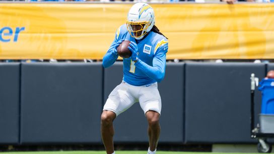 Los Angeles Chargers Wide Receiver Quentin Johnston #1 doing catching drills during training camp on July 22, 2025 in San Diego, CA. Los Angeles Chargers Wide Receiver Quentin Johnston #1 doing catching drills during training camp on July 22, 2025 in San Diego, CA.
