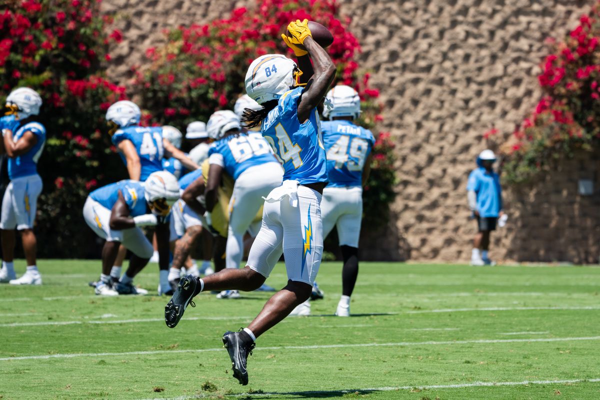 Los Angeles Chargers Wide Receiver KeAndre Lambert-Smith doing catching drills during Chargers Training Camp on July 23, 2025 in San Diego, CA. Los Angeles Chargers Wide Receiver KeAndre Lambert-Smith doing catching drills during Chargers Training Camp on July 23, 2025 in San Diego, CA.