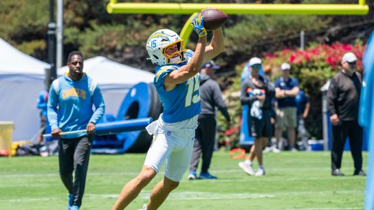 Los Angeles Chargers Wide Receiver Ladd McConkey #15 doing catching drills during Chargers Training Camp on July 23, 2025 in San Diego, CA.