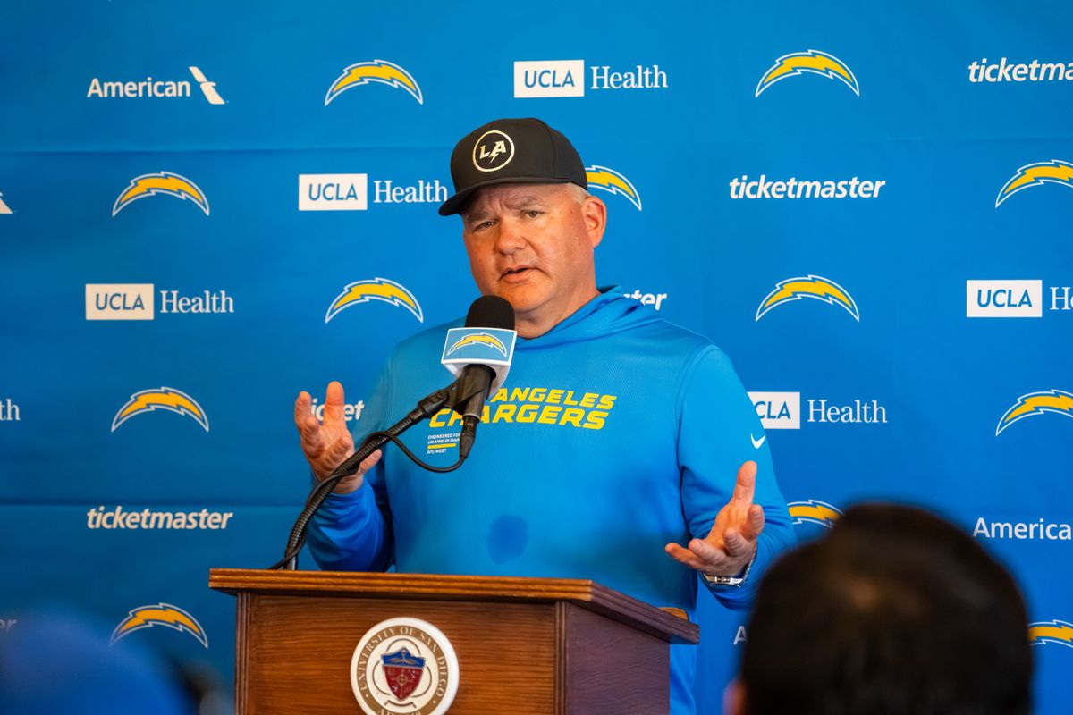 Los Angeles Chargers Offensive Coordinator Greg Roman addressing his plans for the season after Chargers Training Camp on July 23, 2025 in San Diego, CA. Los Angeles Chargers Offensive Coordinator Greg Roman addressing his plans for the season after Chargers Training Camp on July 23, 2025 in San Diego, CA.