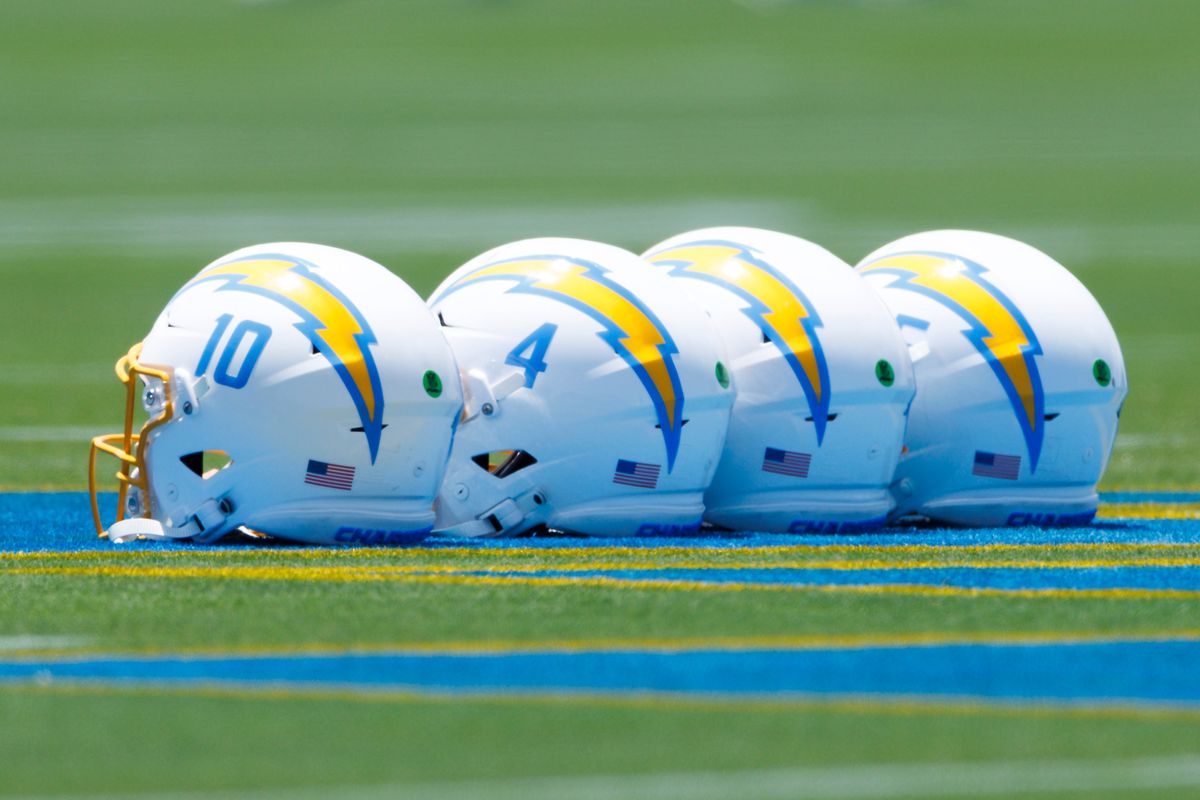 A detail view of Los Angeles Chargers helmets on the field during training camp practice at The Bolt on July 24, 2025 in El Segundo, California. A detail view of Los Angeles Chargers helmets on the field during training camp practice at The Bolt on July 24, 2025 in El Segundo, California.