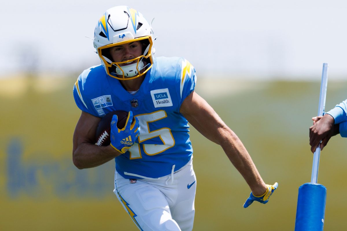 Ladd McConkey #15 of the Los Angeles Chargers runs after the catch during training camp practice at The Bolt on July 24, 2025 in El Segundo, California. Ladd McConkey #15 of the Los Angeles Chargers runs after the catch during training camp practice at The Bolt on July 24, 2025 in El Segundo, California.