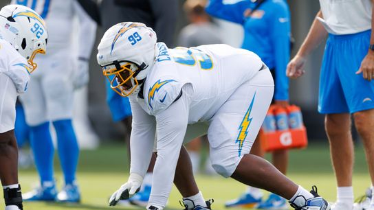 Jamaree Caldwell #99 of the Los Angeles Chargers in a defensive stance during practice of the team's training camp at The Bolt on July 26, 2025 in El Segundo, California. Jamaree Caldwell #99 of the Los Angeles Chargers in a defensive stance during practice of the team's training camp at The Bolt on July 26, 2025 in El Segundo, California.