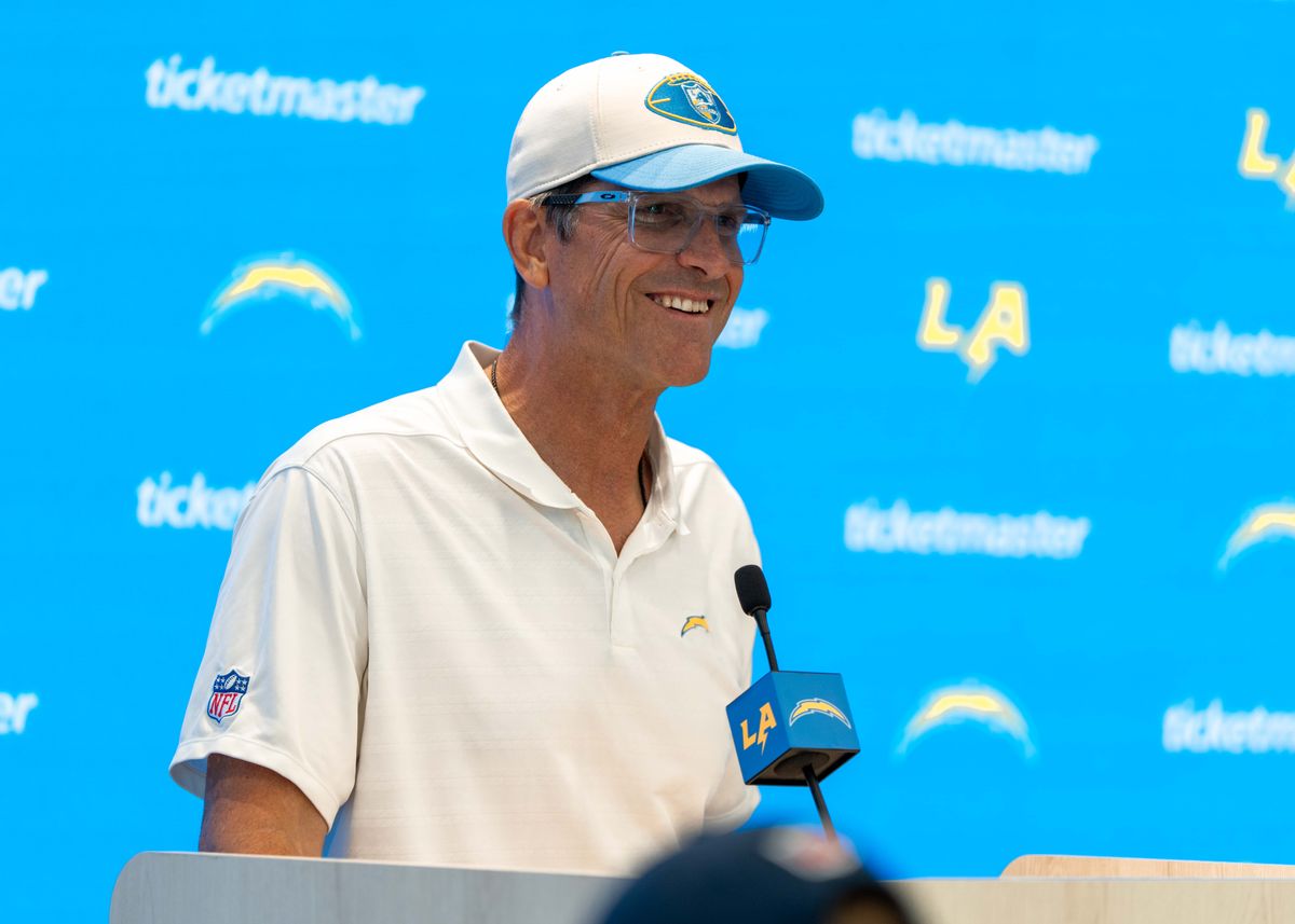 Los Angeles Chargers' head coach, Jim Harbaugh, addresses the press before training camp practice on Tuesday, July 29, 2025 at The Bolt in El Segundo, CA.