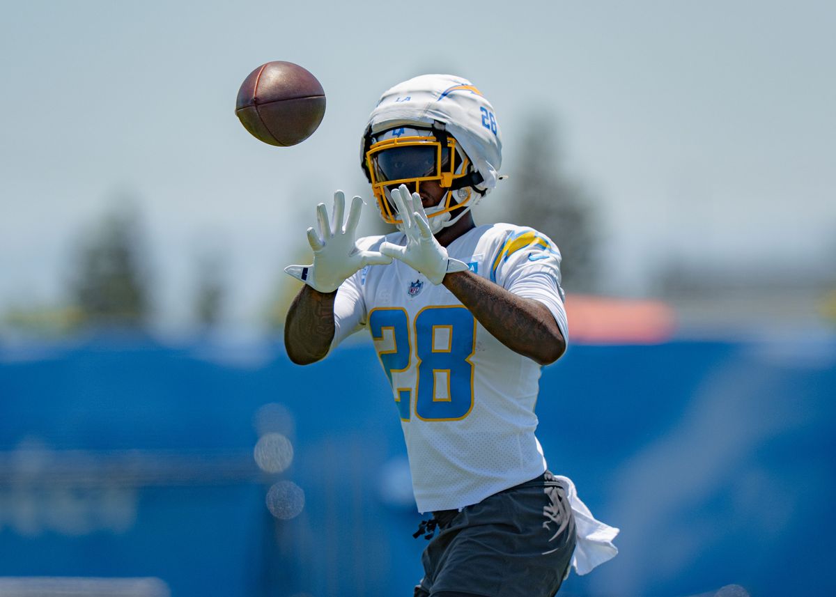 Los Angeles Chargers' running back, Hassan Haskins 28, catches a pass during training camp on July 29, 2025 at the Bolt in El Segundo, CA.