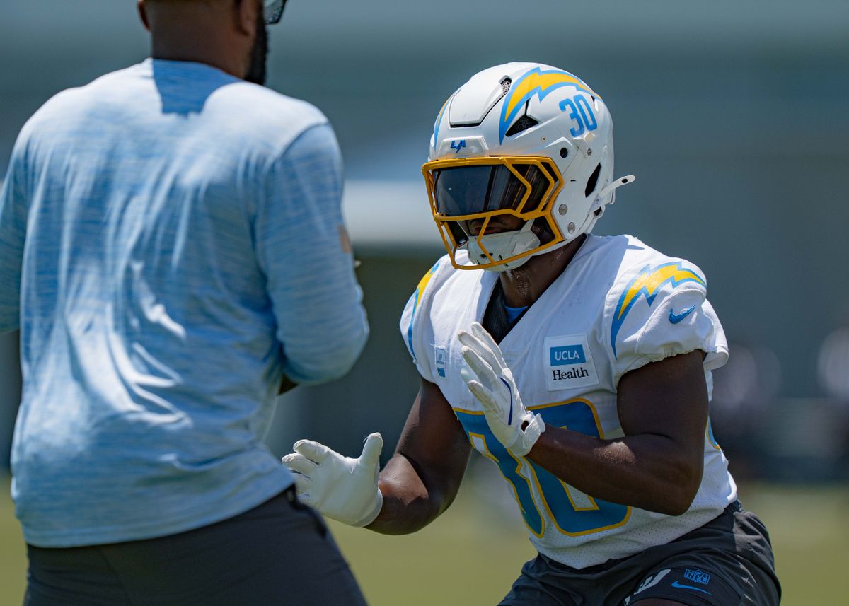 Los Angeles Chargers' running back, Kimani Vidal practices blocking during training camp on July 29, 2025 at the Bolt in El Segundo, CA.