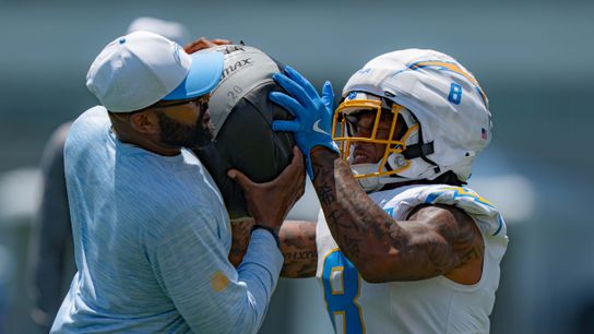 Los Angeles Chargers' running back, Omarion Hampton 8, practices blocking during training camp on July 29, 2025 at the Bolt in El Segundo, CA.