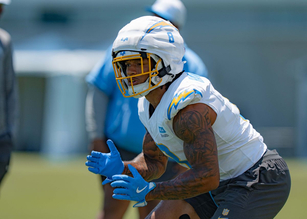 Los Angeles Chargers' running back, Omarion Hampton 8, prepares to block during training camp on July 29, 2025 at the Bolt in El Segundo, CA.