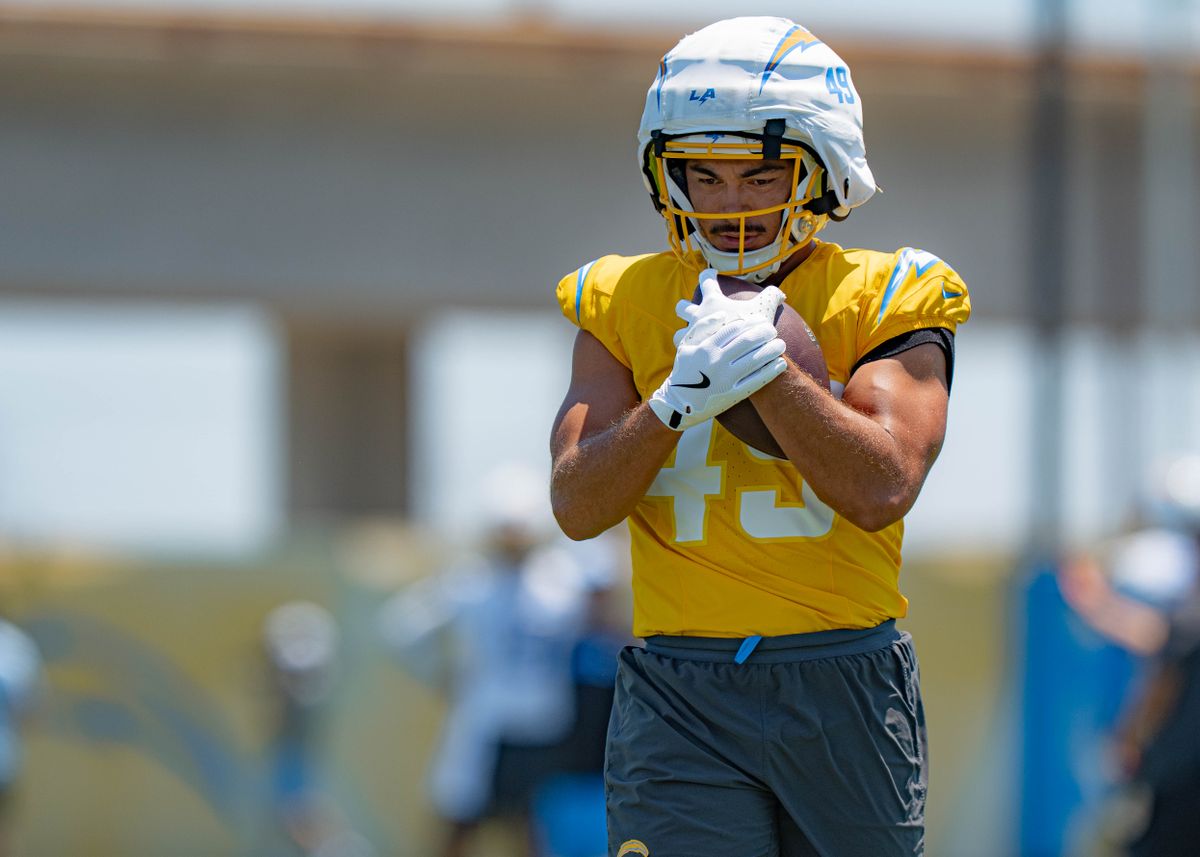 Los Angeles Chargers' linebacker, Troye Dye 43, practices interceptions and ball security during training camp on July 29, 2025 at the Bolt in El Segundo, CA.