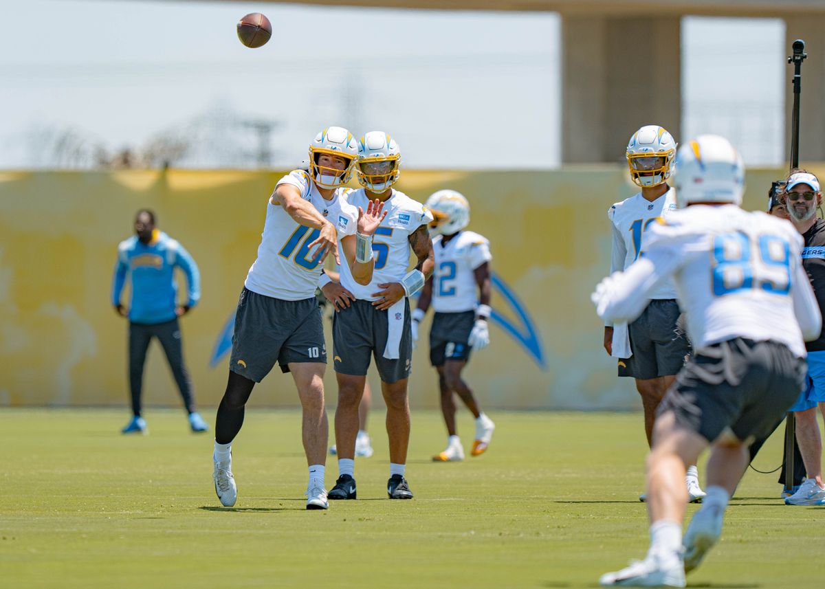 Los Angeles Chargers' quarterback, Justin Herbert 10, practices passing dimes to the tight end group during training camp on July 29, 2025 at the Bolt in El Segundo, CA.