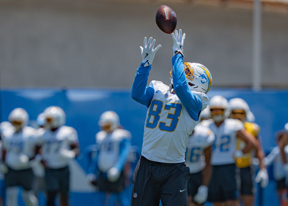Los Angeles Charger' tight end, Tyler Conklin 83, catches a pass from the quarterback group during training camp on July 29, 2025 at the Bolt in El Segundo, CA.