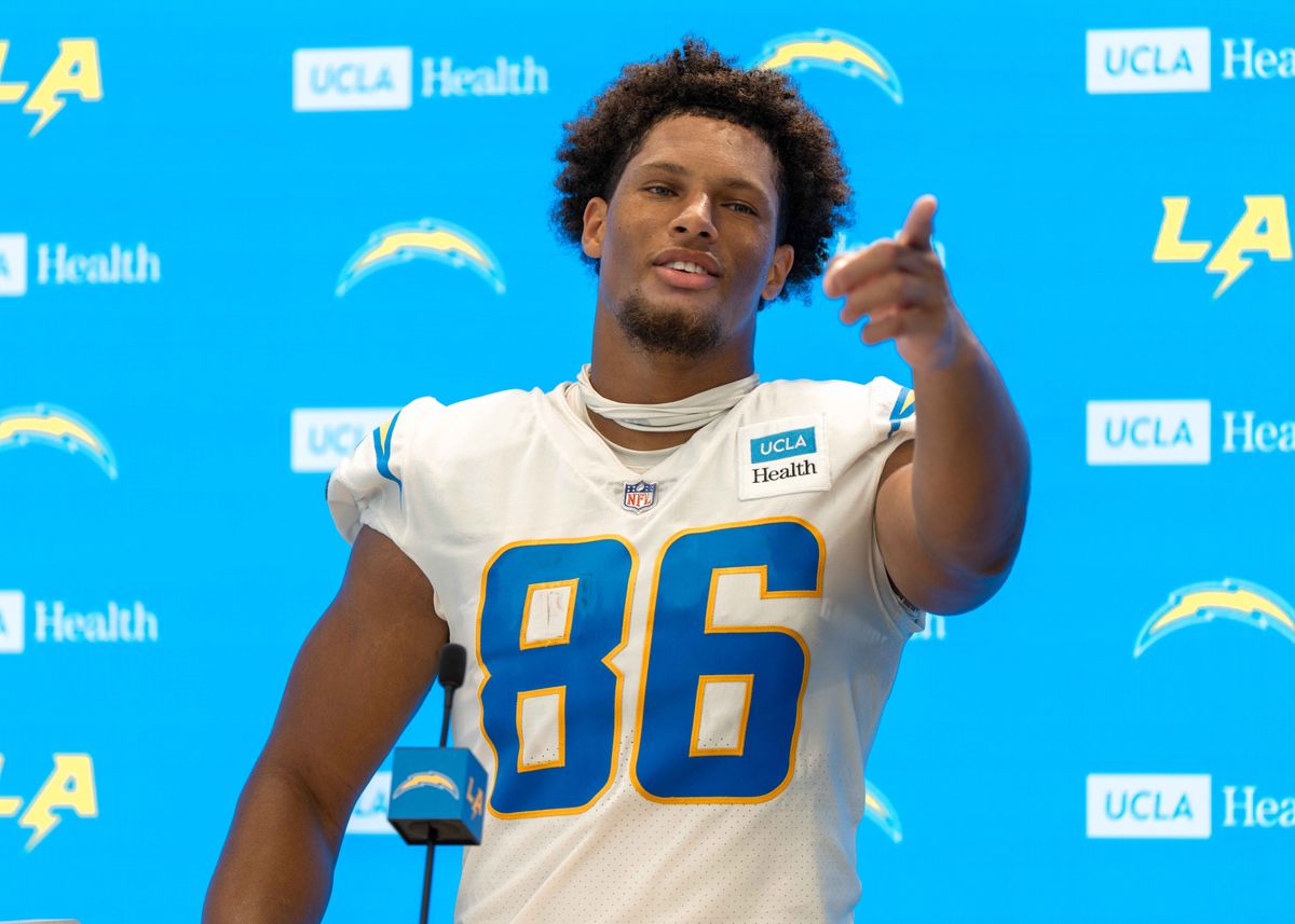 Los Angeles Chargers' tight end, Oronde Gadsen 86, greets the press after training camp on July 29, 2025 at the Bolt in El Segundo, CA.
