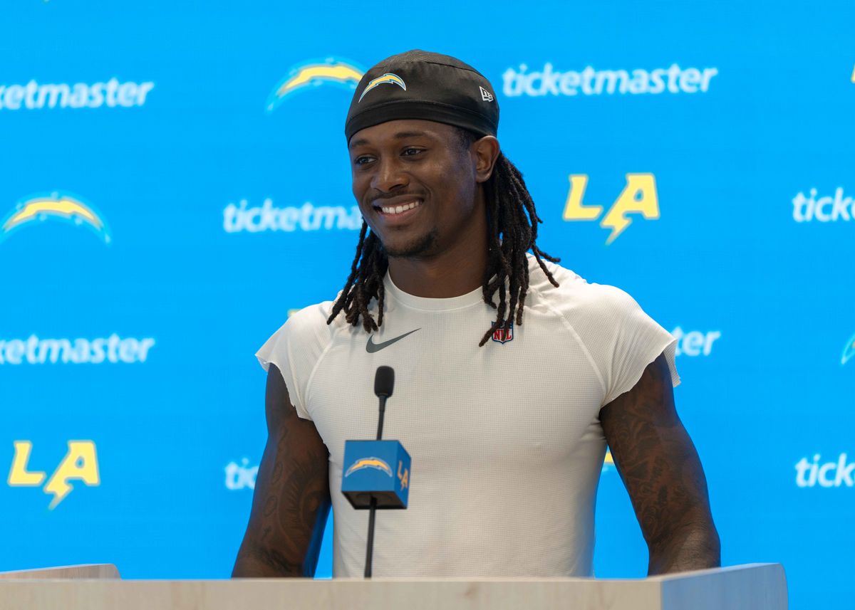 Los Angeles Chargers' wide receiver, KeAndre Lambert-Smith 84, greets the press after training camp on July 29, 2025 at the Bolt in El Segundo, CA.