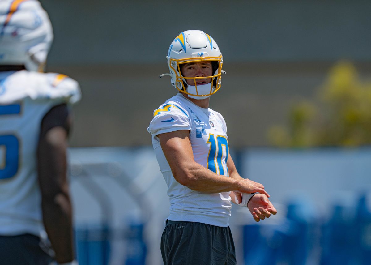 Los Angeles Chargers' quarterback, Justin Herbert 10, greets teammates during training camp on July 29, 2025 at the Bolt in El Segundo, CA.