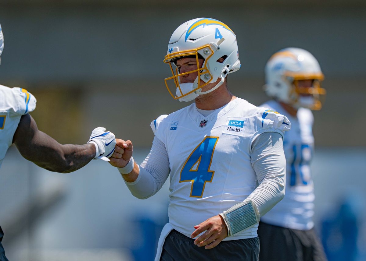 Los Angeles Chargers' quarterback, Taylor Heinicke 4, greets teammates during training camp on July 29, 2025 at the Bolt in El Segundo, CA.
