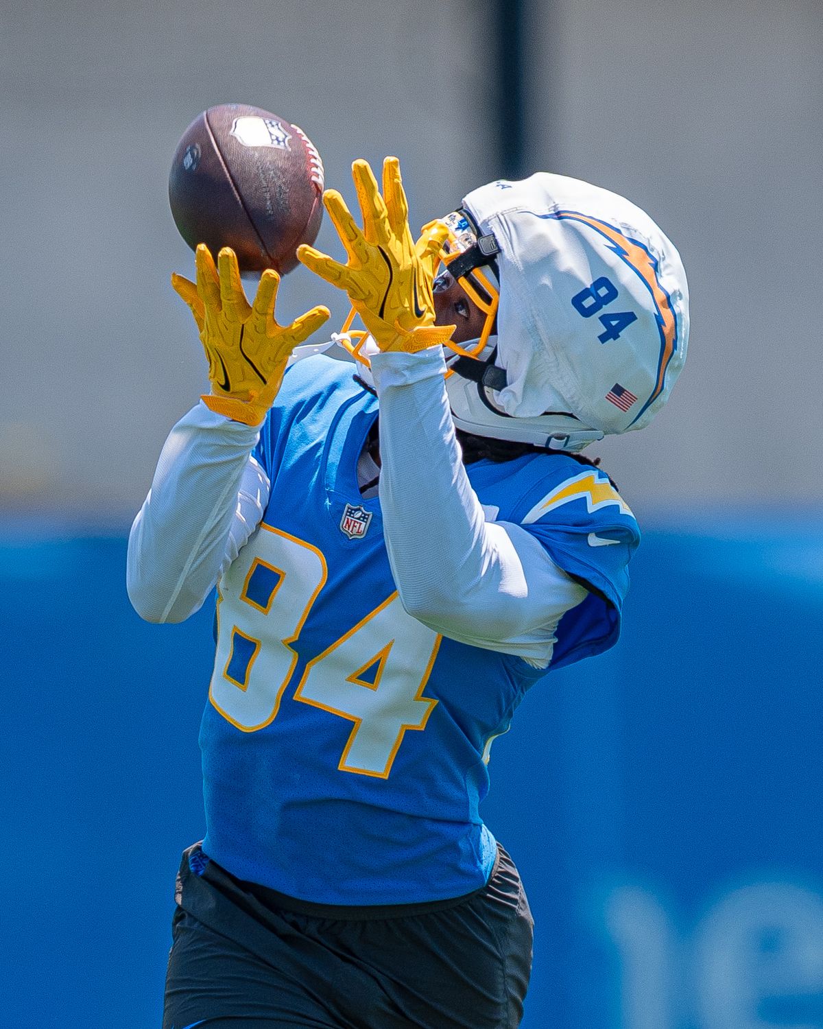 Los Angeles Chargers' wide receiver, KeAndre Lambert-Smith 84, catches a post-route pass during practice at the Chargers' NFL training camp on Sunday, August 3, 2025 at The Bolt in El Segundo, CA. Los Angeles Chargers' wide receiver, KeAndre Lambert-Smith 84, catches a post-route pass during practice at the Chargers' NFL training camp on Sunday, August 3, 2025 at The Bolt in El Segundo, CA.