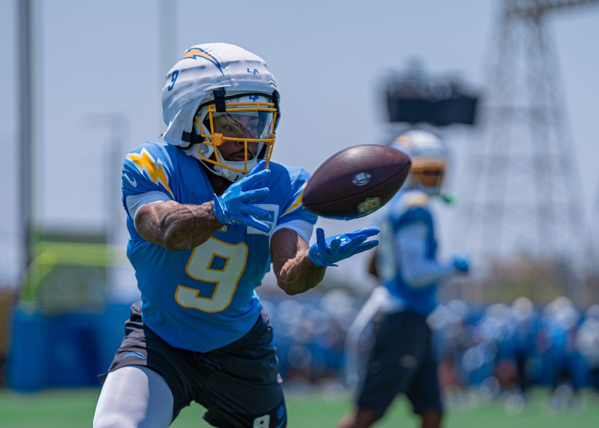 Los Angeles Chargers' wide receiver, Tre Harris 9, receives a pass from quarterback Justin Herbert (10) during practice at the Chargers' NFL training camp on Sunday, August 3, 2025 at The Bolt in El Segundo, CA. Los Angeles Chargers' wide receiver, Tre Harris 9, receives a pass from quarterback Justin Herbert (10) during practice at the Chargers' NFL training camp on Sunday, August 3, 2025 at The Bolt in El Segundo, CA.
