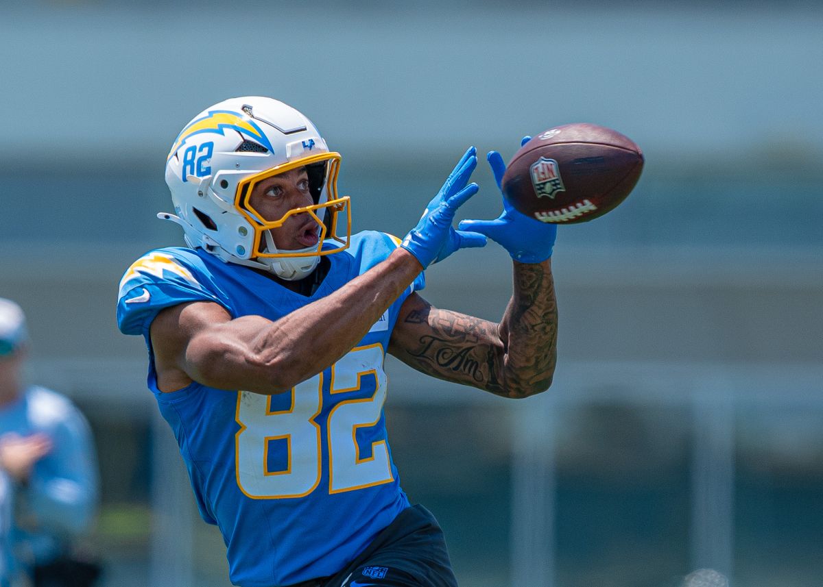 Los Angeles Chargers' wide receiver, Brenden Rice 82, catches a pass during practice at the Chargers' NFL training camp on Sunday, August 3, 2025 at The Bolt in El Segundo, CA. Los Angeles Chargers' wide receiver, Brenden Rice 82, catches a pass during practice at the Chargers' NFL training camp on Sunday, August 3, 2025 at The Bolt in El Segundo, CA.