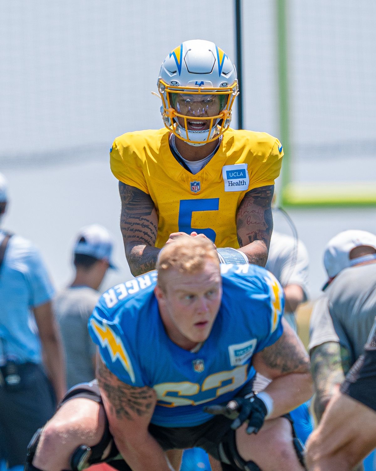 Los Angeles Chargers' quarterback, Trey Lance 5, calls for the snap in shotgun during practice at the Chargers' NFL training camp on Sunday, August 3, 2025 at The Bolt in El Segundo, CA. Los Angeles Chargers' quarterback, Trey Lance 5, calls for the snap in shotgun during practice at the Chargers' NFL training camp on Sunday, August 3, 2025 at The Bolt in El Segundo, CA.