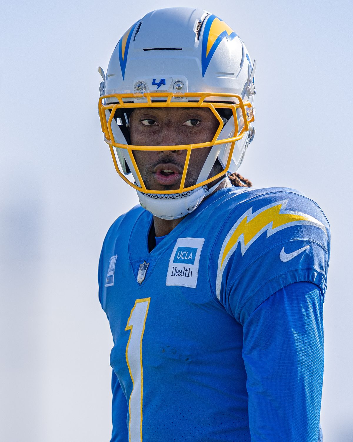 Los Angeles Chargers' wide receiver, Quentin Johnston (1), reacts to coaching during practice at The Bolt on Tuesday, August 5th, 2025 in El Segundo, CA.