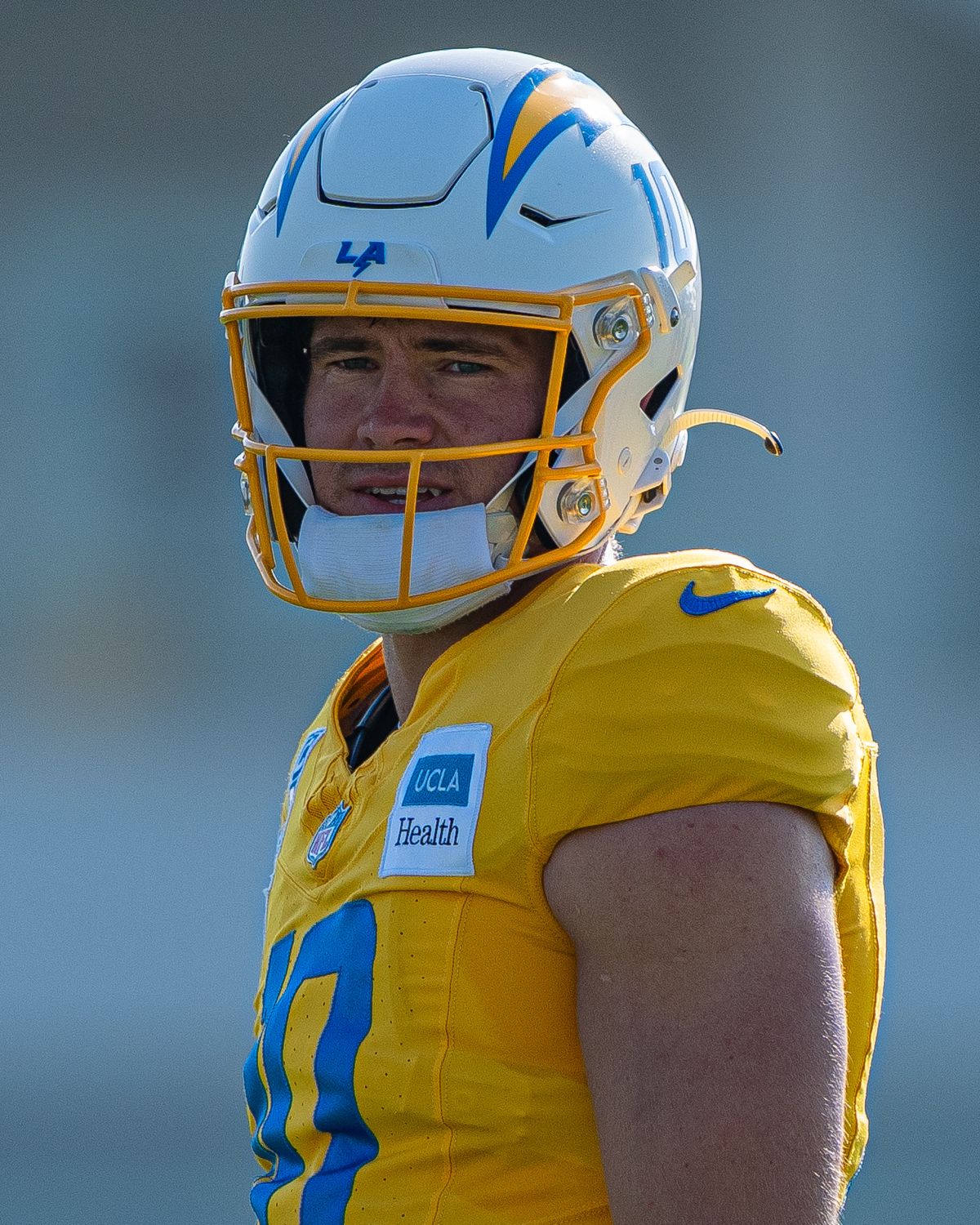 Los Angeles Chargers' quarterback, Justin Herbert (10), waits for instruction during practice at The Bolt on Tuesday, August 5th, 2025 in El Segundo, CA.