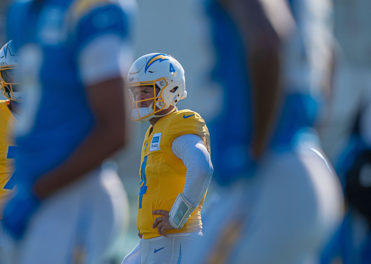 Los Angeles Chargers' quarterback, Taylor Heinicke (4), waits to be called on during practice at The Bolt on Tuesday, August 5th, 2025 in El Segundo, CA.