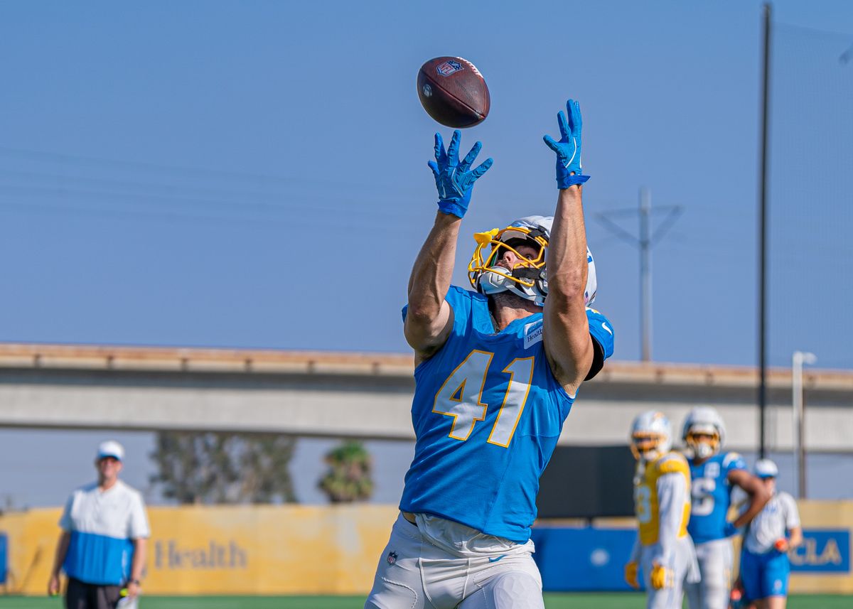 Los Angeles Chargers' tight end, Stevo Klotz (41), catches a pass from quarterback Trey Lance (5) during practice at The Bolt on Tuesday, August 5th, 2025 in El Segundo, CA.