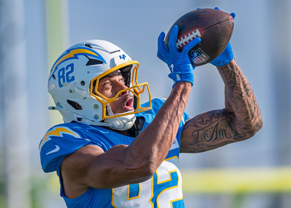 Los Angeles Chargers' wide receiver, Brenden Rice (82), catches a pass from quarterback, Trey Lance (5) during practice at The Bolt on Tuesday, August 5th, 2025 in El Segundo, CA.