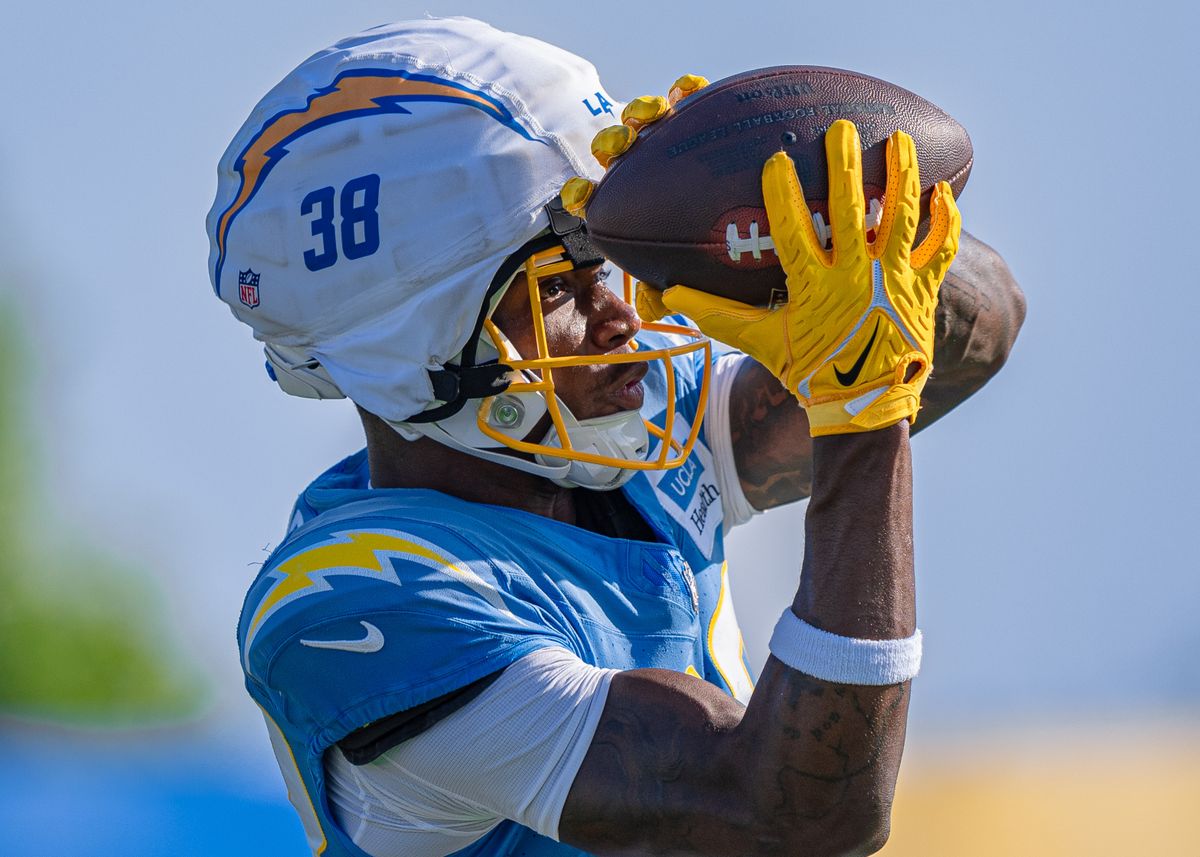 Los Angeles Chargers' wide receiver, Dalevon Campbell (38), receives a pass from quarterback Taylor Heinicke (4) during practice at The Bolt on Tuesday, August 5th, 2025 in El Segundo, CA.